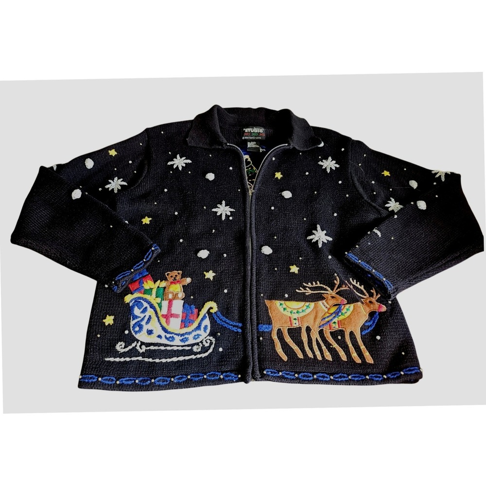 Designers Originals Studio Cardigan Womens P/M Black Christmas Reindeer Santa